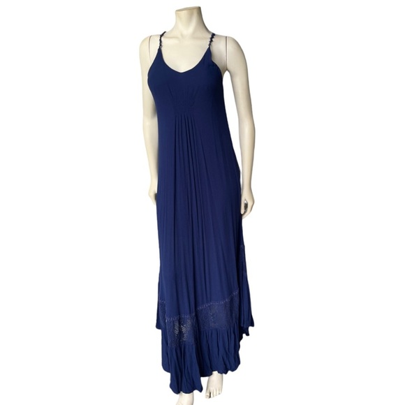 Xhilaration Long Navy Blue Women’s Dress with Lace Details and Spaghetti Strap - Picture 1 of 8